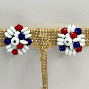Vintage Signed Pearlcraft Glass Bead Clip-on Earrings Red White Blue